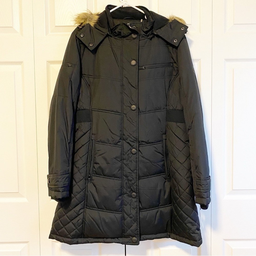 HAWKE & CO. Women's Black Quilted Coat with Faux Fur Hood | Size XL